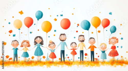 Charming Family Illustration With Colorful Balloons And Joyful Characters Holding Hands In A Warm Setting