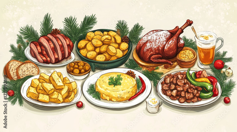 German cuisine menu cover design template. Sausages Weisswurst, fried cheese potato and sauerkraut with pork, goose with potato, bread with fruits and beef goulash with bell peppers, Christmas Stollen German cuisine menu cover design template. Sausages Weisswurst, fried cheese potato and sauerkraut with pork, goose with potato, bread with fruits and beef goulash with bell peppers, Christmas Stollen