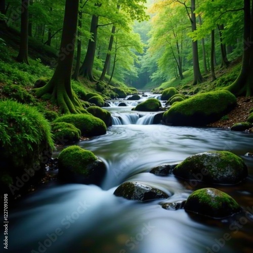 slow-moving stream with mossy banks and forest surroundings, water, peaceful