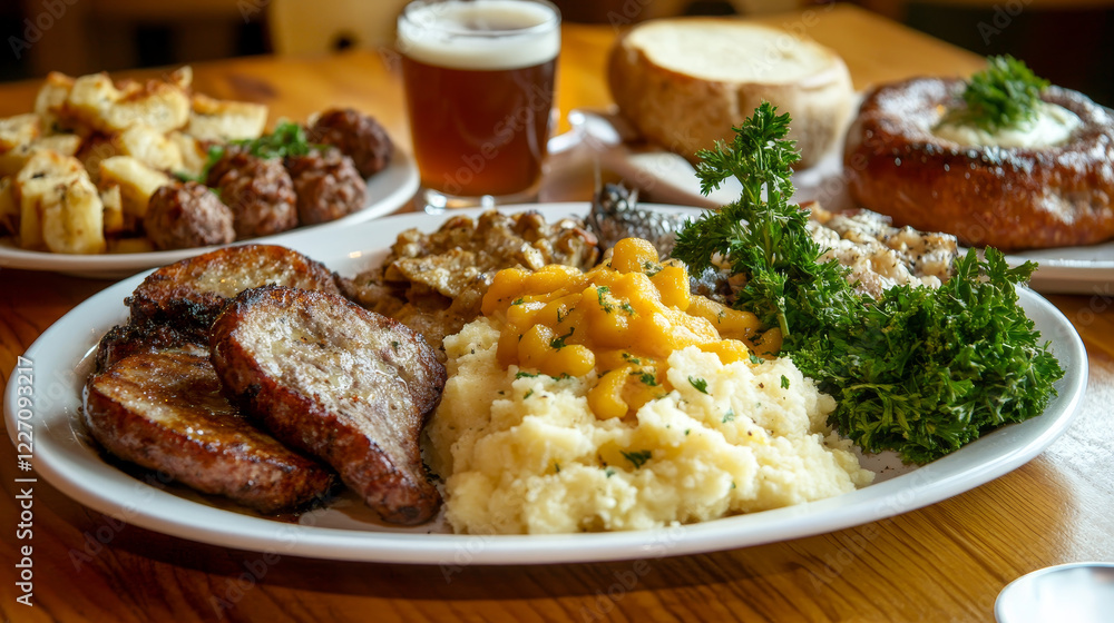 German cuisine restaurant banner for Oktoberfest festival celebration. Beer, served with sausage sandwich, meatball, schnitzel and mashed potato, baked pork roll, fish with cheese and potato casserole German cuisine restaurant banner for Oktoberfest festival celebration. Beer, served with sausage sandwich, meatball, schnitzel and mashed potato, baked pork roll, fish with cheese and potato casserole