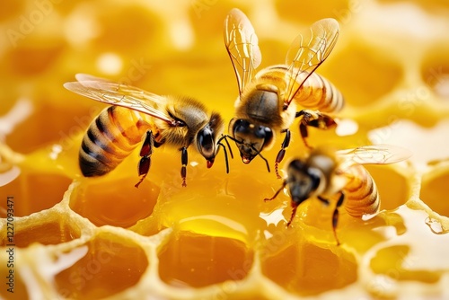 Wallpaper Mural Exploring the intricate world of bees on a honeycomb in vibrant waxy tones under natural light. Generative AI Torontodigital.ca