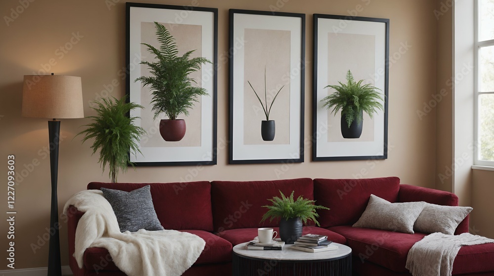 Naklejka premium A modern Scandinavian-inspired living room with a designer sofa set and photo frames is displayed on the wall 3d interior illustration image.