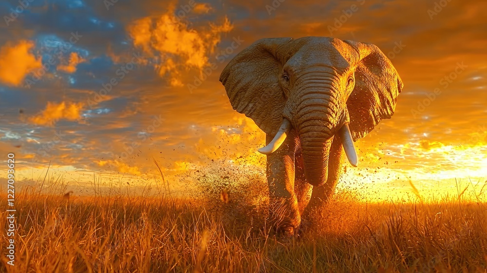 Fototapeta premium Majestic elephant charging at sunset in African savanna; wildlife documentary