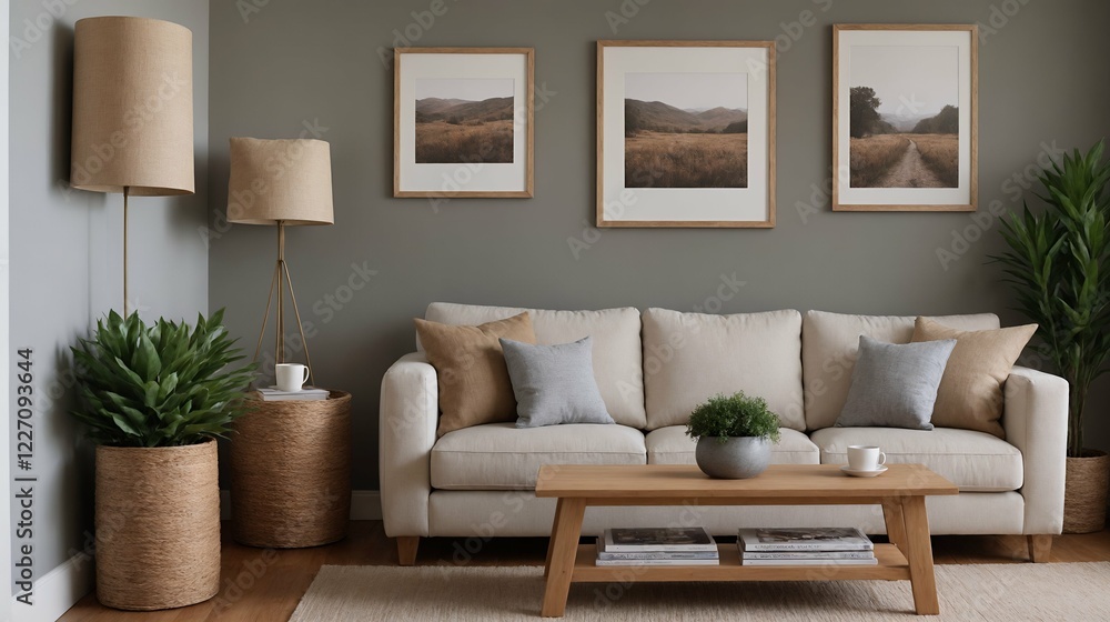 A modern Scandinavian-inspired living room with a designer sofa set and photo frames is displayed on the wall 3d interior illustration image. A modern Scandinavian-inspired living room with a designer sofa set and photo frames is displayed on the wall 3d interior illustration image.