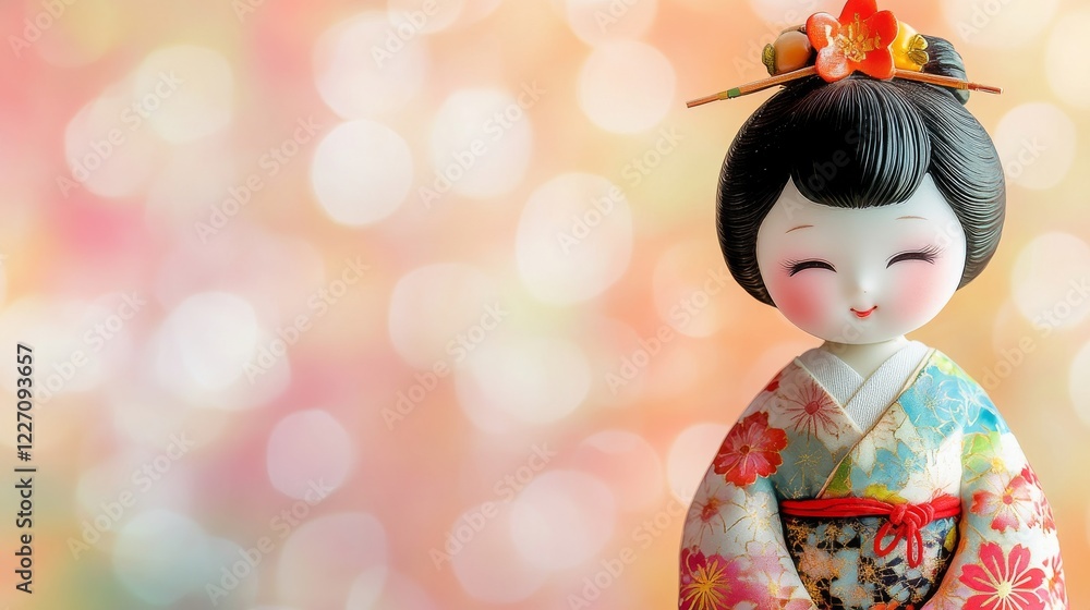 A delicate ornamental doll with vibrant kimono patterns set against a soft pastel background, with room on the right side for text