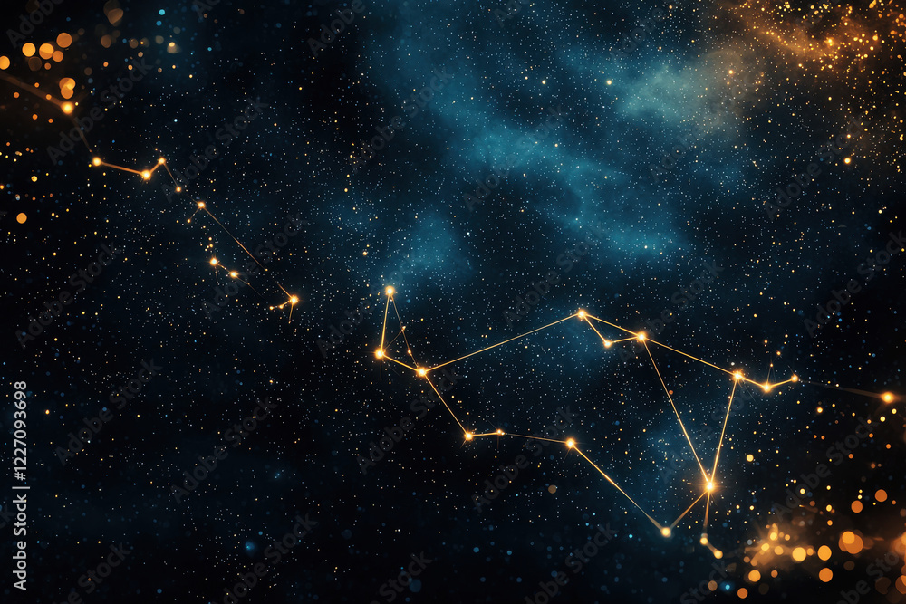 Fototapeta premium Minimalist cosmic pattern with constellations highlighted against a deep black and dark blue background in high quality design