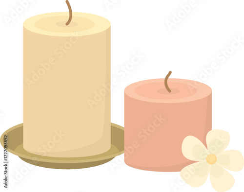 Two beautiful candles and a flower nearby. Spa and relaxation concept isolated on a white background
