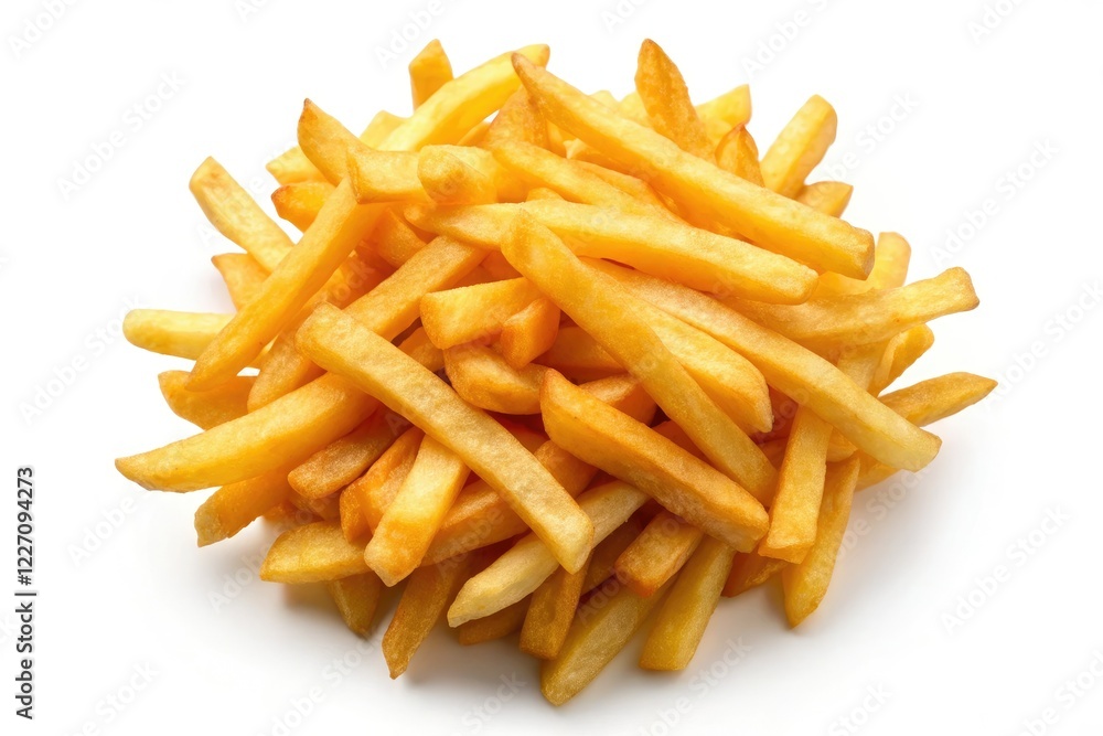Golden, crispy French fries, perfectly isolated. A delicious potato treat. Golden, crispy French fries, perfectly isolated. A delicious potato treat.