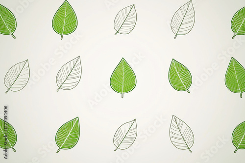 Minimalist eco-friendly pattern featuring green line-art leaf icons on a light gray background for modern design aesthetics
