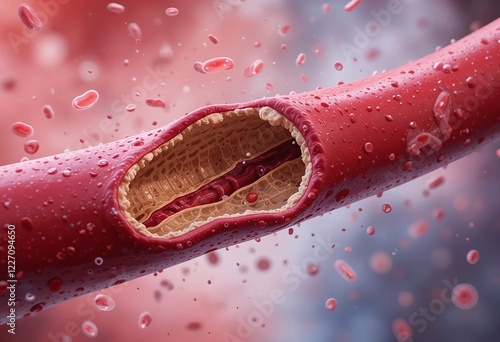 3D illustration of a blood vessel with an aneurysm rupture, showcasing inner vascular layers and blood cells in vivid detail.