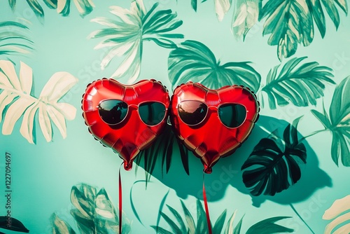 Heart Balloons with Sunglasses in Tropical Setting - A Vibrant Celebration photo