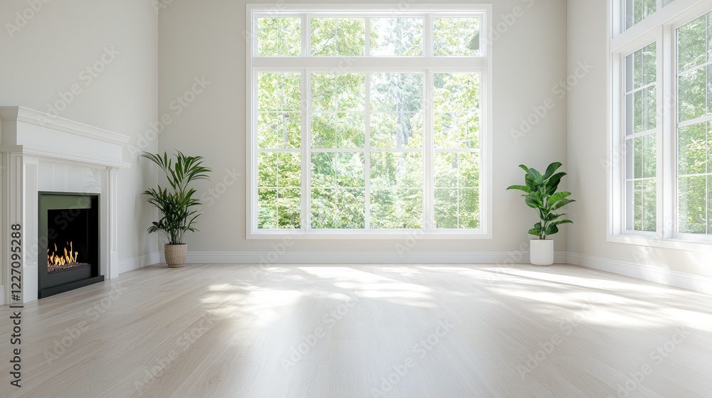 Bright living room with fireplace, large window, and plants; sunlight streams in. Ideal for real estate Bright living room with fireplace, large window, and plants; sunlight streams in. Ideal for real estate