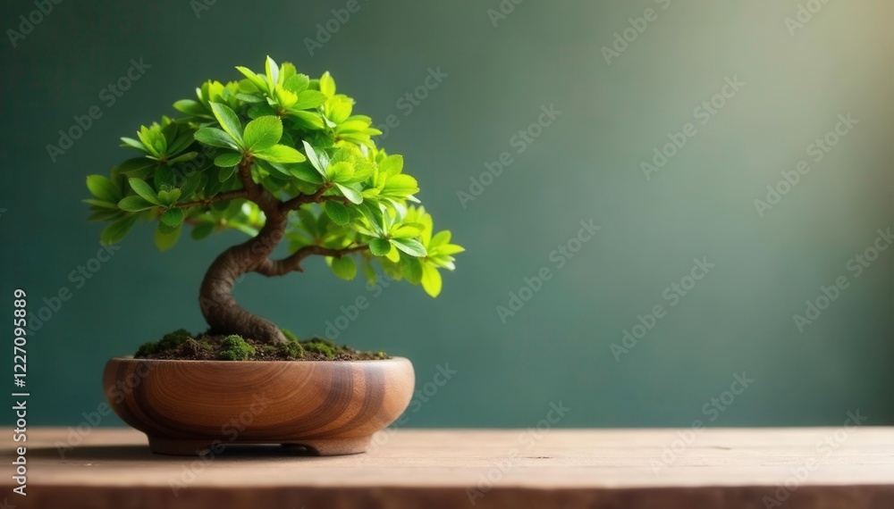 Small bonsai tree in a simple wooden planter on a flat table surface, background, plant, container Small bonsai tree in a simple wooden planter on a flat table surface, background, plant, container