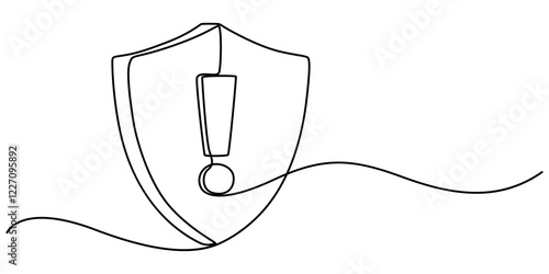 shield exclamation icon continuous one line drawing, Protection risk thin line icon, One line cyber security safety warning exclamation point. Continuous line guard attention virus alert internet. 