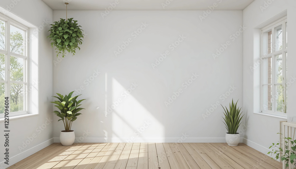 white empty room with wooden floor and green home plants. Scandinavian interior design. 3D illustration white empty room with wooden floor and green home plants. Scandinavian interior design. 3D illustration