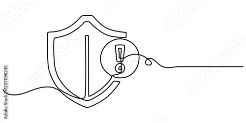 shield exclamation icon continuous one line drawing, Protection risk thin line icon, One line cyber security safety warning exclamation point. Continuous line guard attention virus alert internet. 