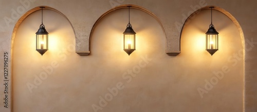Three illuminated lanterns hang in arched alcoves on a beige wall.