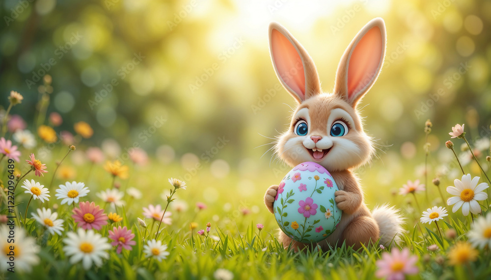 Obraz premium Cute bunny holding colorful Easter egg surrounded by flowers in sunny spring garden