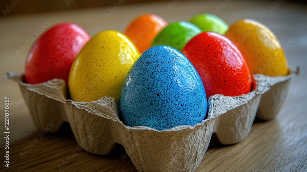 Colorful Easter Eggs in a Carton on a Wooden Surface Colorful Easter Eggs in a Carton on a Wooden Surface