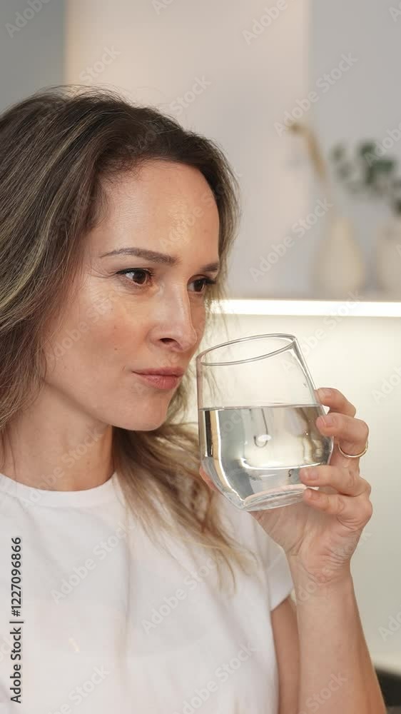 Vertical video, pretty woman drinking water from glass standing at the kitchen, home interior, health care and water balance. Vertical video, pretty woman drinking water from glass standing at the kitchen, home interior, health care and water balance.