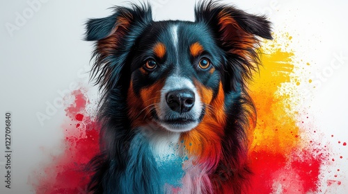 Portrait of a tricolor dog, colorful splash background photo