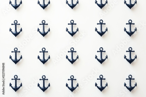 Minimalist nautical pattern with navy blue anchor icons on a crisp white background photo