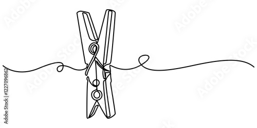 Wooden clothespin icon continuous one line drawing, illustration of clothespin one continuous line art. line, simple, hand drawn and sketch style. for icon, symbol, sign or logo, Clothesline with pin.