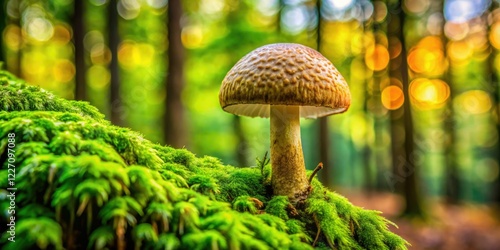 High-resolution image: Shaggy Scalycap mushroom thrives on mossy tree bark. photo