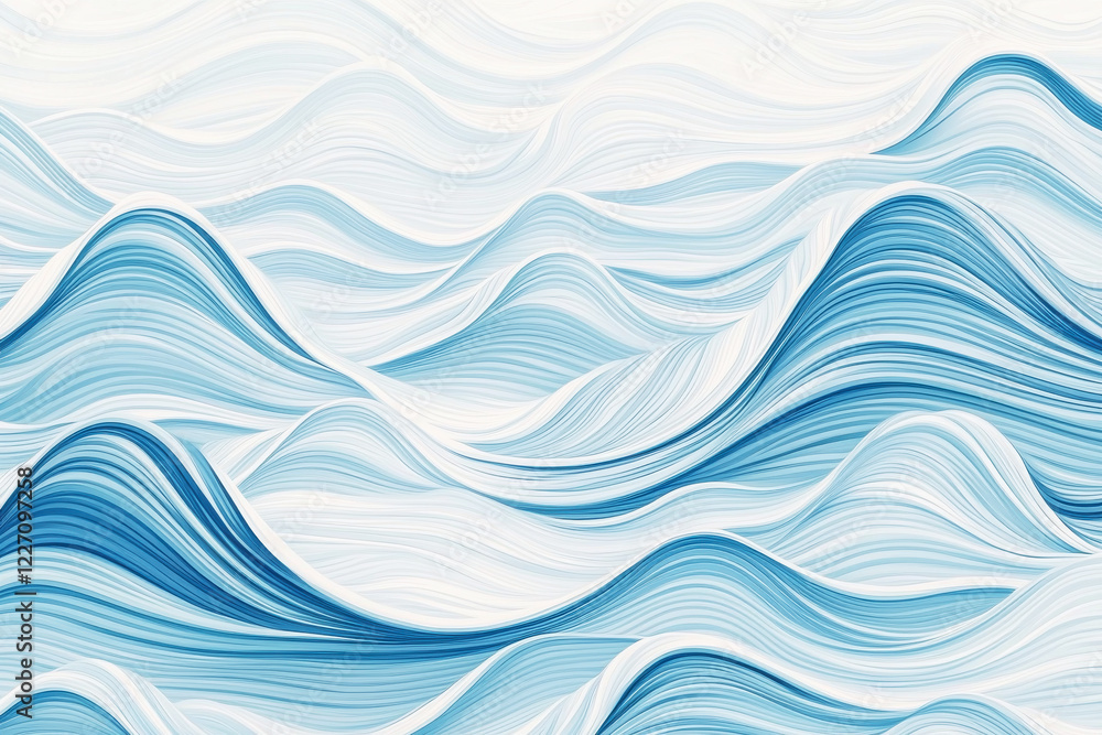 Fototapeta premium Minimalist nautical pattern with flowing wavy lines in soft blue and white tones, evoking a sense of calm ocean waves