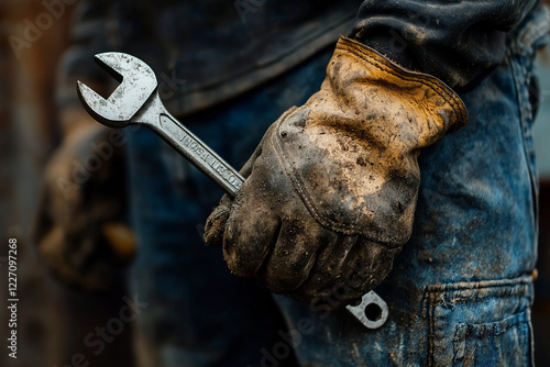 A mechanic holding a dirty wrench in a workshop, surrounded by tools and machinery, showcasing craftsmanship photo