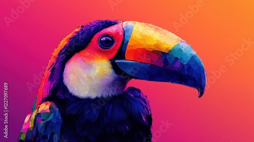 A vibrant and artistic illustration of a toucan with bold geometric patterns and colorful gradients, blending surrealism and modern digital art. photo