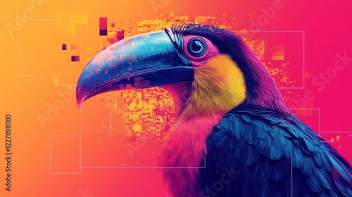 A vibrant and artistic illustration of a toucan with bold geometric patterns and colorful gradients, blending surrealism and modern digital art. photo