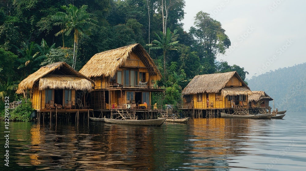 Overwater Tropical Bamboo Houses In Lush Rainforest Overwater Tropical Bamboo Houses In Lush Rainforest