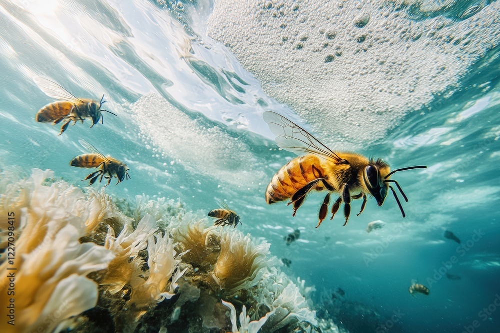 Discovering the hidden world of underwater bees thriving among vibrant coral reefs in high definition. Generative AI Discovering the hidden world of underwater bees thriving among vibrant coral reefs in high definition. Generative AI