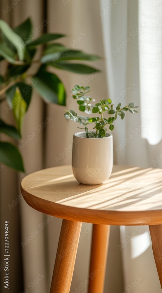 Fototapeta premium Small plant in white pot on wooden side table by window.