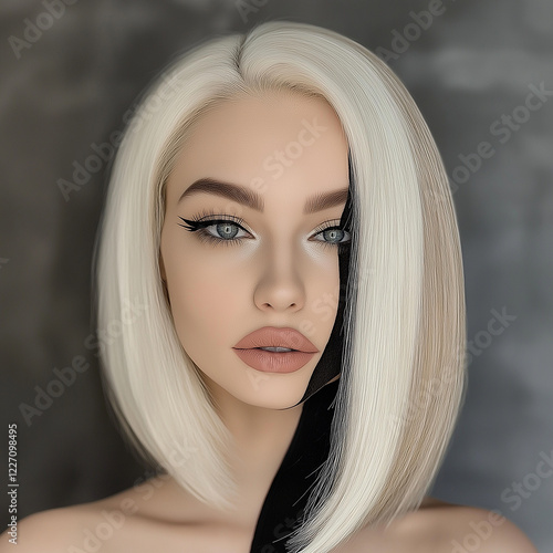 Platinblonde Haare im Bob-Schnitt, glamouröses Make-up mit betonten Augen und Lippen. Beauty-Portrait mit hellem Teint und perfektem Styling. Kontrastreiche Mode-Aufnahme photo