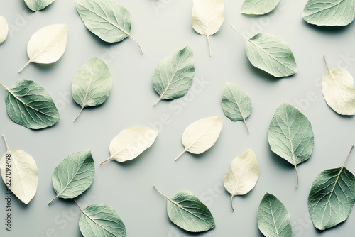Minimalist pattern featuring scattered abstract leaves in soft sage green and cream tones on a pale gray background