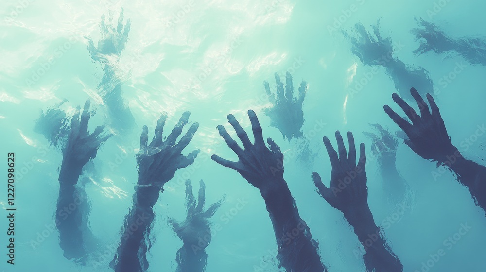 Struggling Hands Reaching Up from Underwater in Ethereal Environment Struggling Hands Reaching Up from Underwater in Ethereal Environment