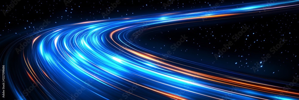 Obraz premium Dynamic Electric Blue Light Trails Streaking Across a Curved Road on a Dark Night, Vector Art