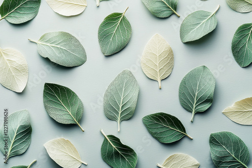 Minimalist pattern of scattered abstract leaves in soft sage green and cream tones on a pale gray background for serene aesthetic