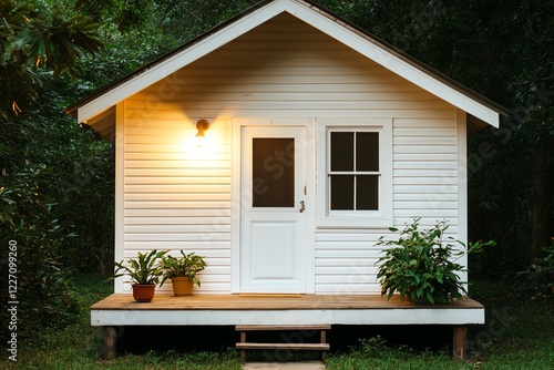 A cozy, illuminated white house nestled in nature, featuring a welcoming porch and plants, exuding warmth and tranquility.