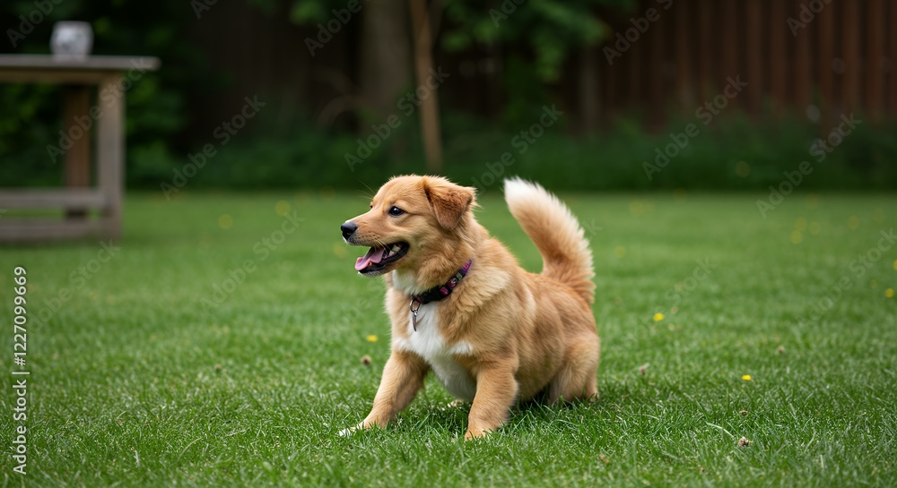 Adorable Puppy Playing in Green Grass Backyard Adorable Puppy Playing in Green Grass Backyard