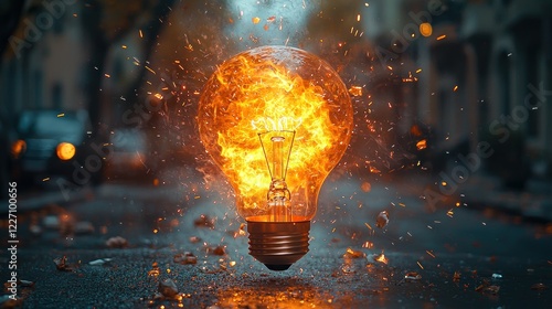 Lit bulb explodes on street with fire, city background, idea concept use