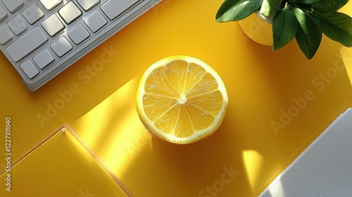 A halved lemon on a bright yellow desk, surrounded by a keyboard, notebook, and plant, creating a fresh and vibrant workspace aesthetic. photo