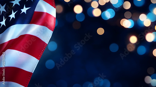 United States Flag Border Over Blue and Black Bokeh Lights Background With Copy Space For American Holidays