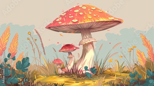 Vibrant Boho Witch Mushroom Fantasy Drawing Nature Art photo