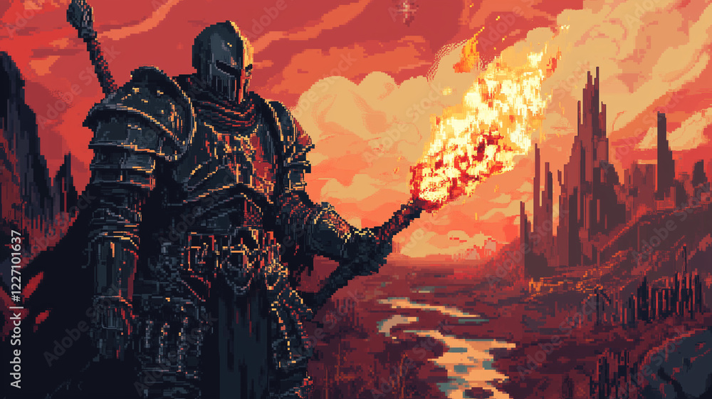 Fototapeta premium A dark-armored anti-paladin summoning unholy flames in a cursed wasteland , computer game, pixel art style