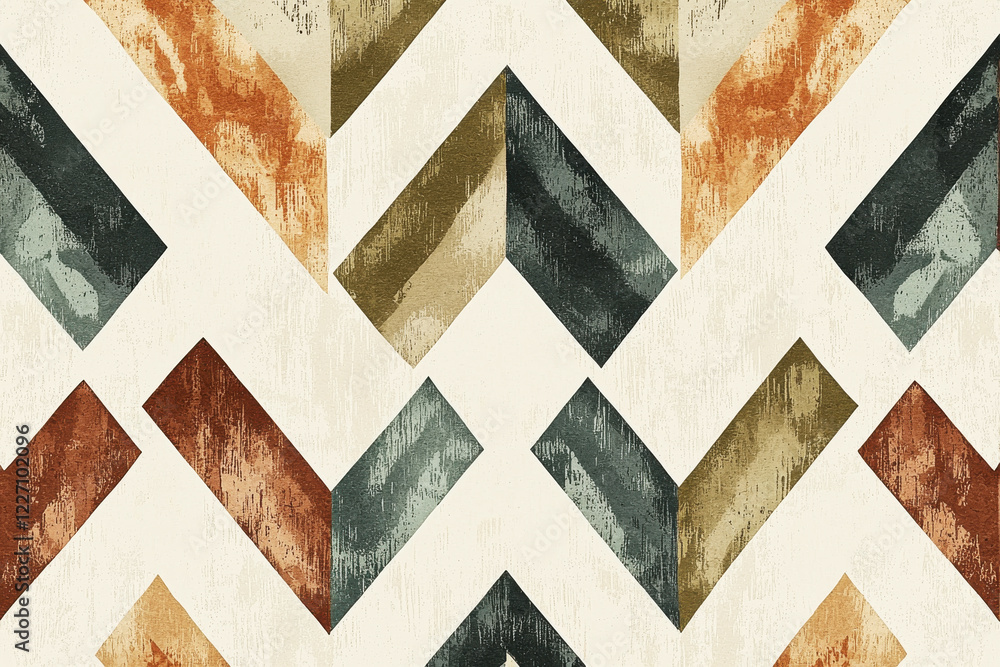 Fototapeta premium Minimalist tribal pattern showcasing chevron and diamond shapes in muted earth tones on a cream background for modern decor