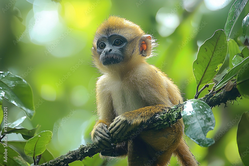 Obraz premium Baby monkey perched on a jungle branch, observing lush green foliage