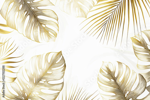Minimalist tropical pattern of gold monstera leaves and palm fronds on a clean white background showcasing modern elegance